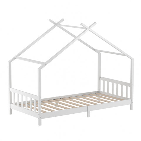 Livingandhome Nordic Pine Wood House Single Bed Frame with Roof for Toddler Kids, ZH1455