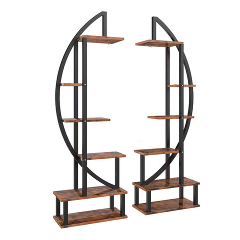 Livingandhome 2 Pcs Rustic Brown Crescent Wood Tiered Plant Stand, SW0549