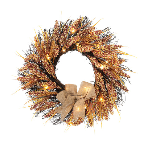 Livingandhome Golden Wheat Ears Thanksgiving Wreath with LED Lights, HF0999