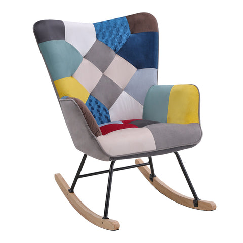 Livingandhome Colourful Patchwork Rocking Chair with Wood Legs, JM2270