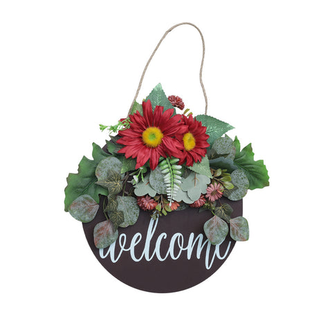 Livingandhome Artificial Red Sunflower Wreath with Welcome Sign, SW0576