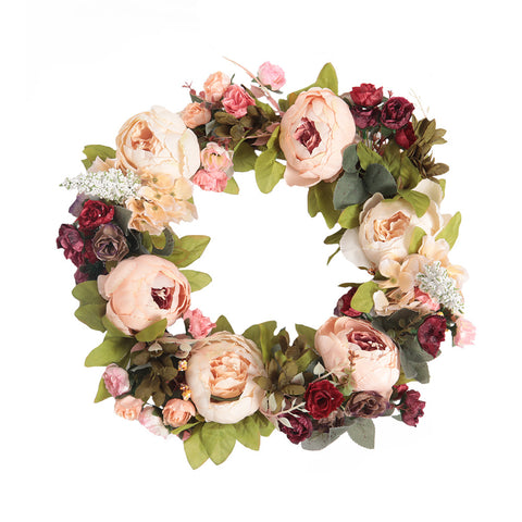 Livingandhome 45cm Artificial Peony Mixed Flowers Wreath with Rattan Base, SC0860