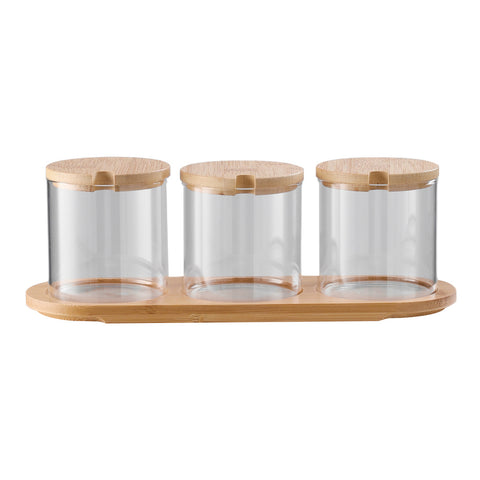 3Pcs Glass Spice Jars Seasoning Box Set with Bamboo Spoons, KT0070