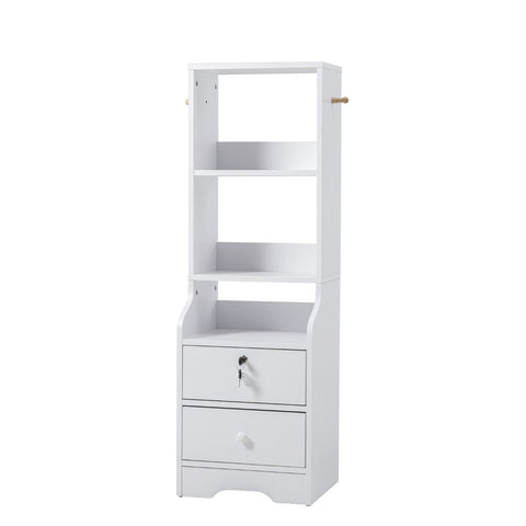 Livingandhome White Slim Storage Shelving Unit with Lockable Drawer, DM0541
