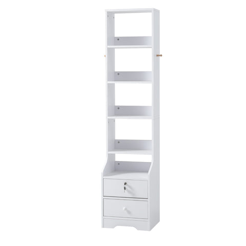 Livingandhome White Slim Storage Shelving Unit with Lockable Drawer, DM0543