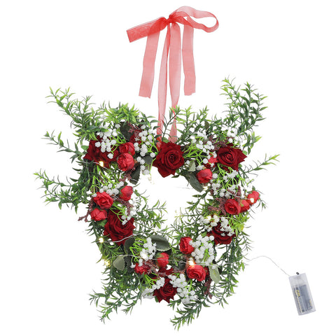 Livingandhome LED Heart-Shaped Red Rose Wreath with Ribbon, SW0571