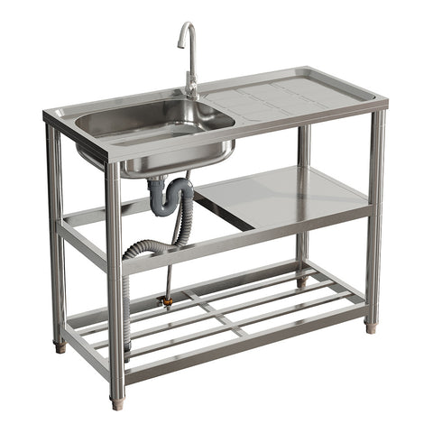 Bathroomdeco Stainless Steel One Compartment Sink with Shelves and Drainboard, AI1371
