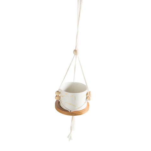 Nordic Ceramic Hanging Planter with Wood Plate, SW0126