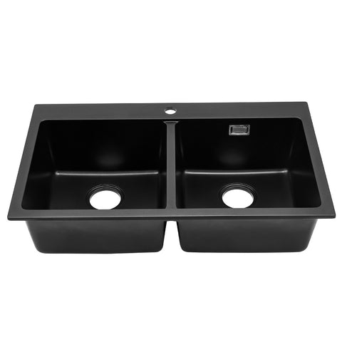 Livingandhome Quartz Undermount Kitchen Sink Double Bowl Black, DM0506