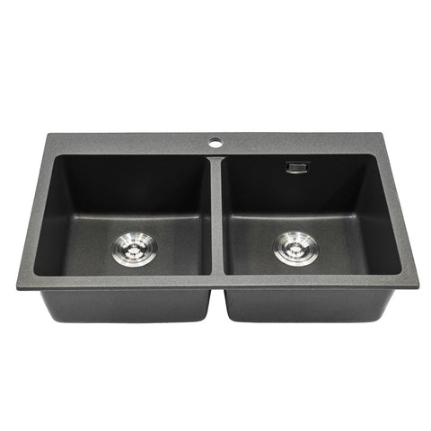 Livingandhome Quartz Undermount Kitchen Sink Double Bowl Grey, DM0507