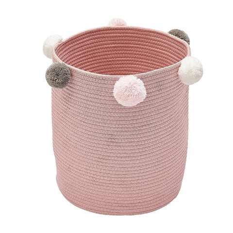 Cotton Rope Basket Woven Laundry Blanket Toy Basket Organizer with Pompom Living Room Pink, WH0701
