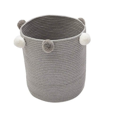 Cotton Rope Basket Woven Laundry Blanket Toy Basket Organizer with Pompom Living Room Grey, WH0702