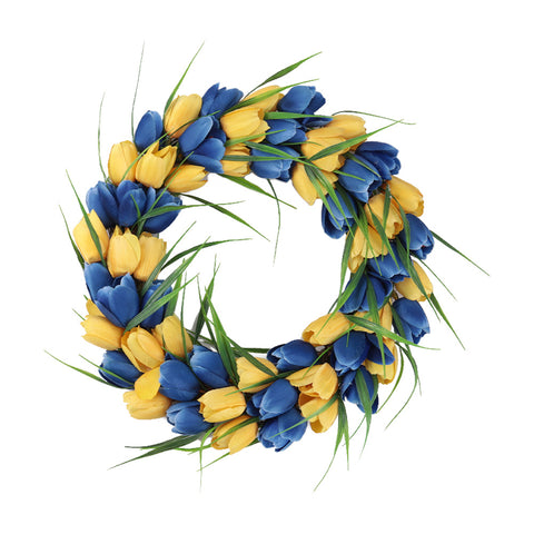 Livingandhome Artificial Blue and Yellow Tulip Wreath Round Decor, SW0355