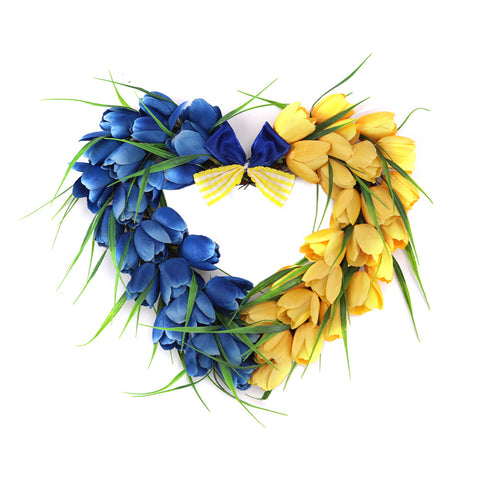 Livingandhome Artificial Blue and Yellow Tulip Wreath Heart-shaped Decor, SW0354