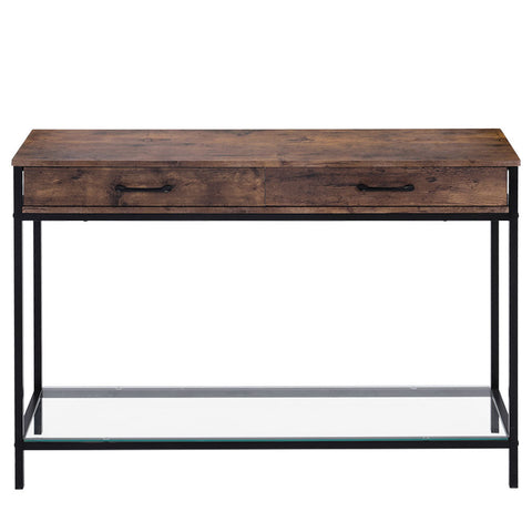 H&O Direct Rustic Console Table for Entryway with 2 Drawers and Glass Storage Shelf, ZH0586