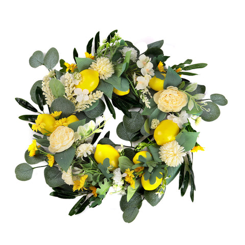 Livingandhome Summer Faux Lemon Peony Wreath with Green Olive Leaves, SW0356