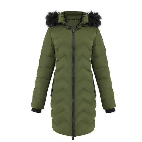 Detachable Hooded Mid-length Chevron Quilted Coat with Faux Fur Trim, CC060791