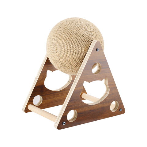 Kratzball für Katzen aus Natur-Sisal und Holz, 360° Drehbar, Mit Katzenkopf-Dekor, 18/19/17 cm [KRATZBALL Katze Natur-Sisal Holz 18/19/17 cm 360° Drehbar], PT080037(DE)