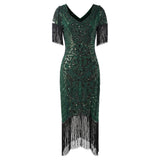 1920s Inspired Art Deco Sequin Beaded Fringe Flapper Dress, CC062197