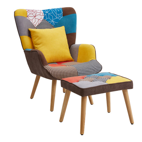 Livingandhome Patchwork Tufted Armchair with Cushion and Footstool, JM2238