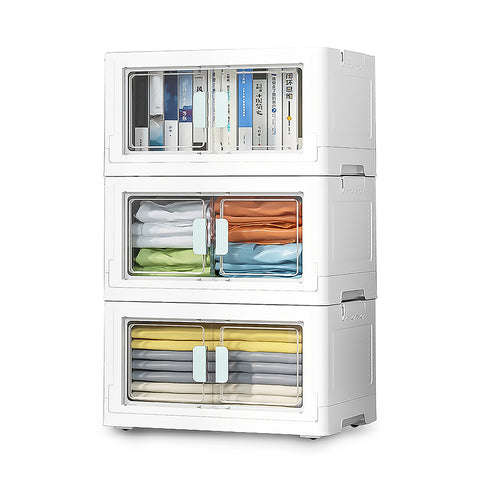 Set of 3 PP Collapsible Stackable Storage Boxes with Upper Lid and Transparent Front Door, WZ0096(Ver.2)