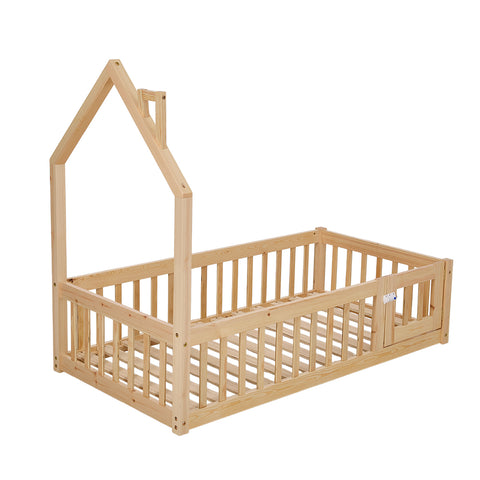 House-Shaped Headboard Floor Bed Frame with Guardrails, FB050037