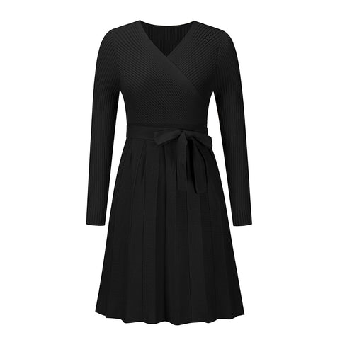 V-Neck Ribbed Pleated Knitted A-Line Sweater Dress, CC060388 (Ver.2)