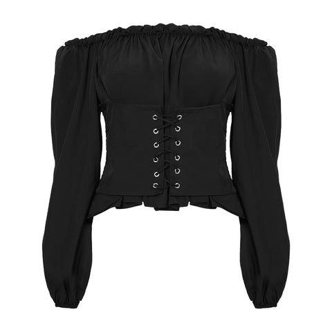 Casual Off-shoulder Lace-Up Cinched Waist Blouse with Long Sleeves, CC060358 (Ver.2)