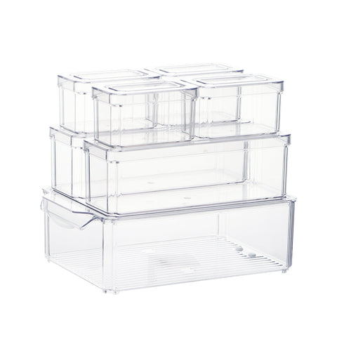 7-teiliges stapelbares Kühlschrank-Organizer-Set – transparente Frischhaltedosen aus PET mit Deckel[Frischhaltedosen Set 7-tlg. transparent PET mit Deckel stapelbar],HS080001(DE)