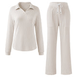 2-Piece Casual Turn-Down Collar Long-Sleeved Loungewear Set, CC062147