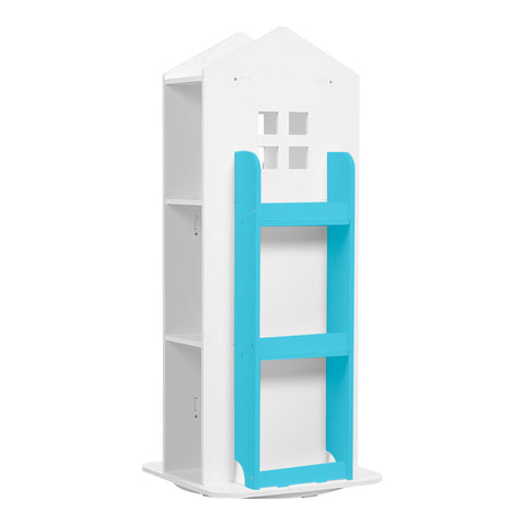 Drehbares Bücherregal für Kinder in Form eines Hauses in Weiß und Blau, FL240013 (DE)