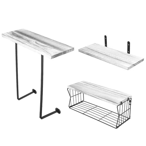 Set of 3 Wall-Mounted Floating Shelves with Wire Storage Basket, FL070069
