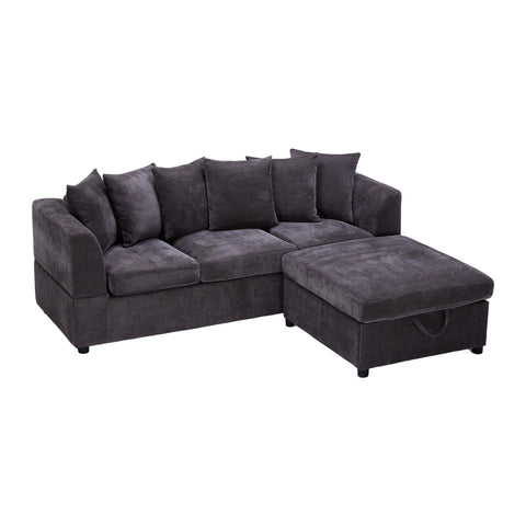 Chenille Upholstered 3-Seater Sectional Sofa with Storage Ottoman & 6 Pillows, ZH1795ZH1796 (Ver.2)