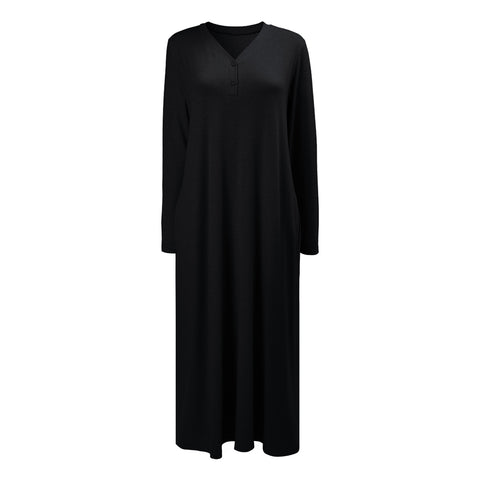 Cotton Button V-neck Long-Sleeve Nightdress, WO0690