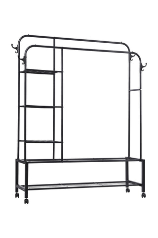 Double-Rod Clothes Rack with Shelves and Wheels, LY0083