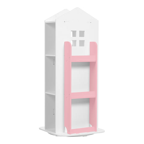 Drehbares Bücherregal für Kinder in Form eines Hauses in Weiß und Rosa, FL240014 (DE)