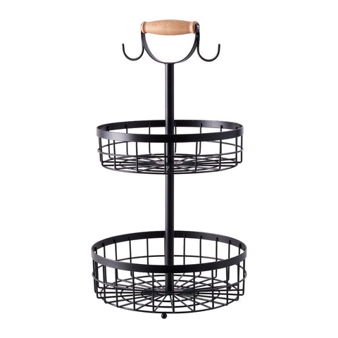 2-Tier Fruit Basket with Hangers and Wooden Handle, KT0147 (Ver.2)
