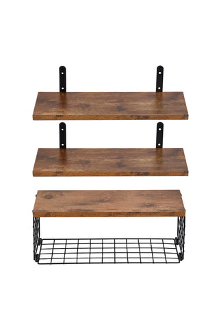 4-Tier Wall-mounted Floating Shelves with Wire Storage Basket, FL070062