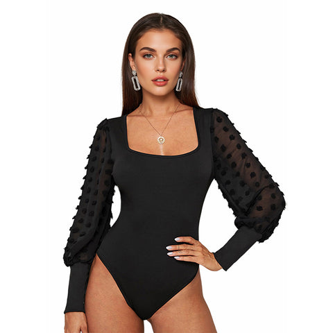 Elegant Black Long Sleeve Bodysuit, CC060338