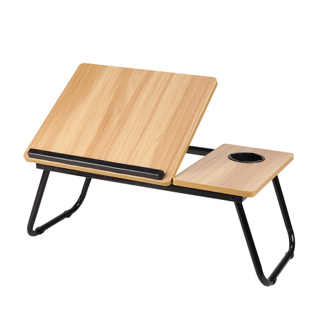 Livingandhome Verstellbarer, klappbarer Laptop-Betttisch mit Getränkehalter – Naturholzoptik, 56x32,5x24 cm [Betttisch Naturholzoptik 56/32,5/24 cm mit 5-fach Neigungsverstellung und Becherhalter klappbar], FO070050(DE)