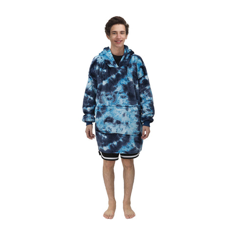 Sheonly Oversized Tie-dye Sherpa Blanket Hoodie with Front Pocket-Dark Blue, SW0681