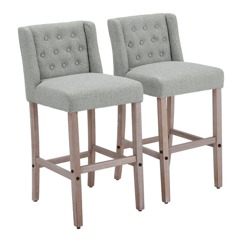 Livingandhome Rustic Set of 2 Bar Stools Linen Tufted with Wood Legs, ZH1425