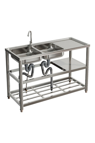Stainless Steel Two Compartment Sinks with Shelves and Drainboard, AI1372