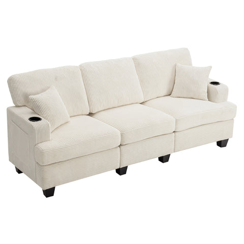 3-Seater Corduroy Upholstered Sofa with Throw Pillows, FL050287FL050288