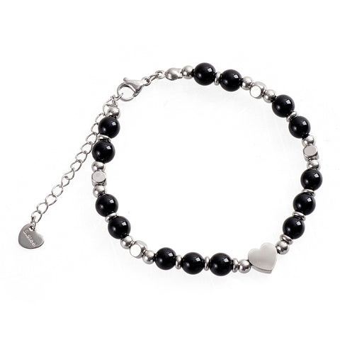 Obsidian Stone Stainless Steel Beaded Heart Bracelet, CA290008