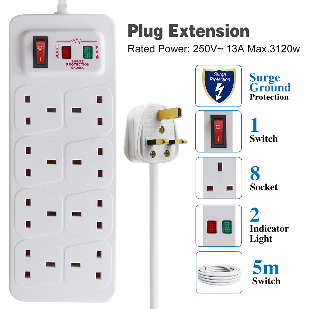 6 Way Socket Plug 6 Way Socket with Cable 3G1.25, 3M, White, with Indicate Light, Indivi ...