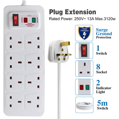 8 Way Extension Lead Surge Protecetd with Switched Socket White, 5M, AJ0941