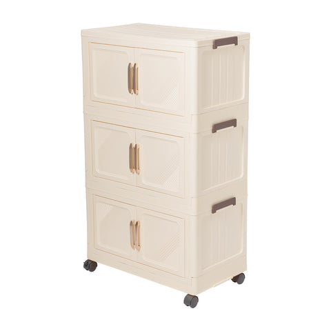 Foldable 3-Tier Rolling Plastic Storage Cabinet with Magnetic Doors, HM070203