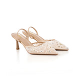 Closed Pointed-Toe Embellished Mesh Slingback Heels, CS300833