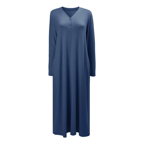 Cotton Button V-neck Long-Sleeve Nightdress, WO0692